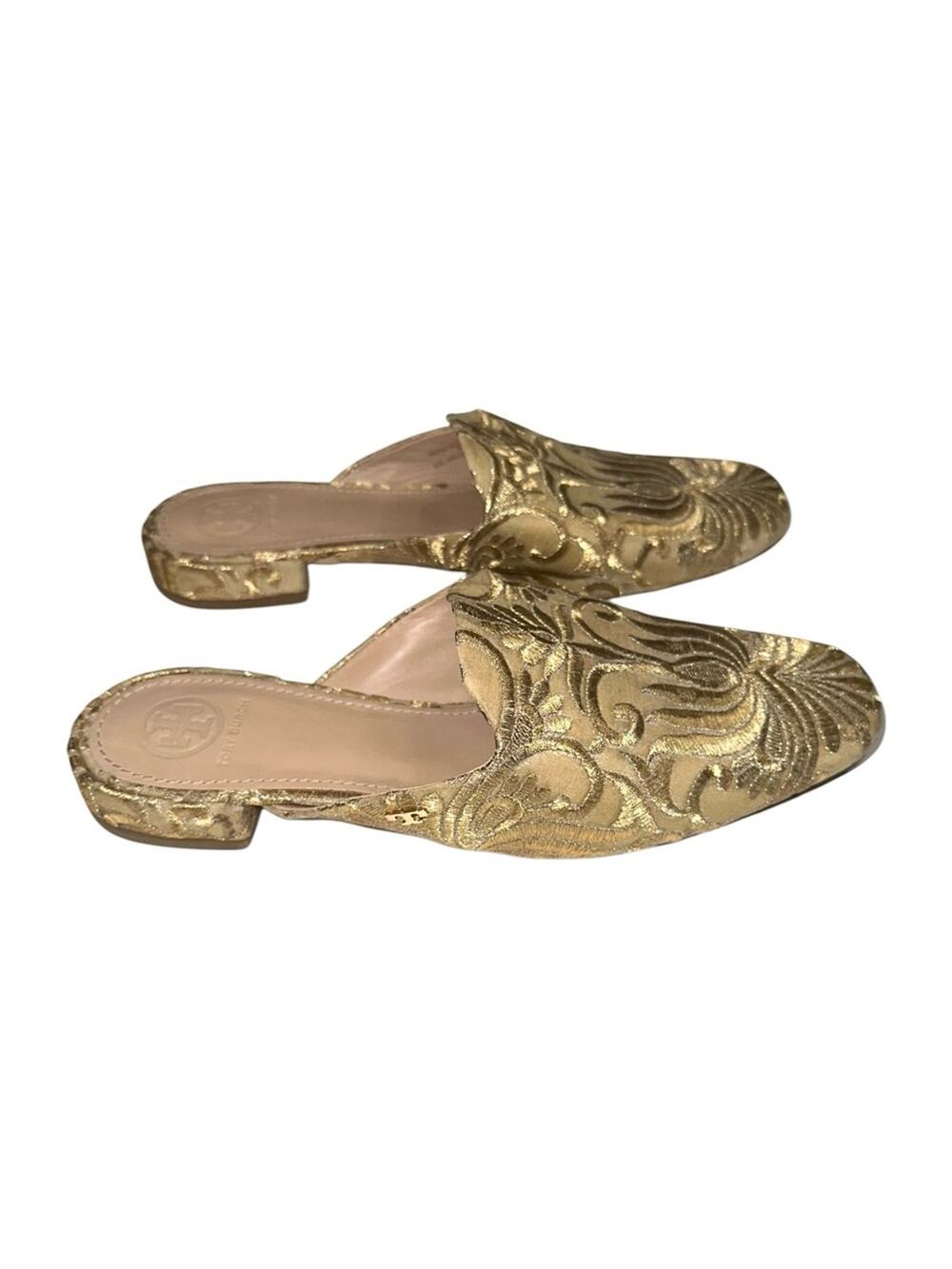 Tory Burch Carlotta Gold Metallic Embroidered Slip-On Mules 7